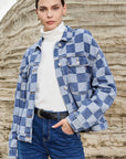 Light Blue Checkered Patchwork Button up Denim Jacket