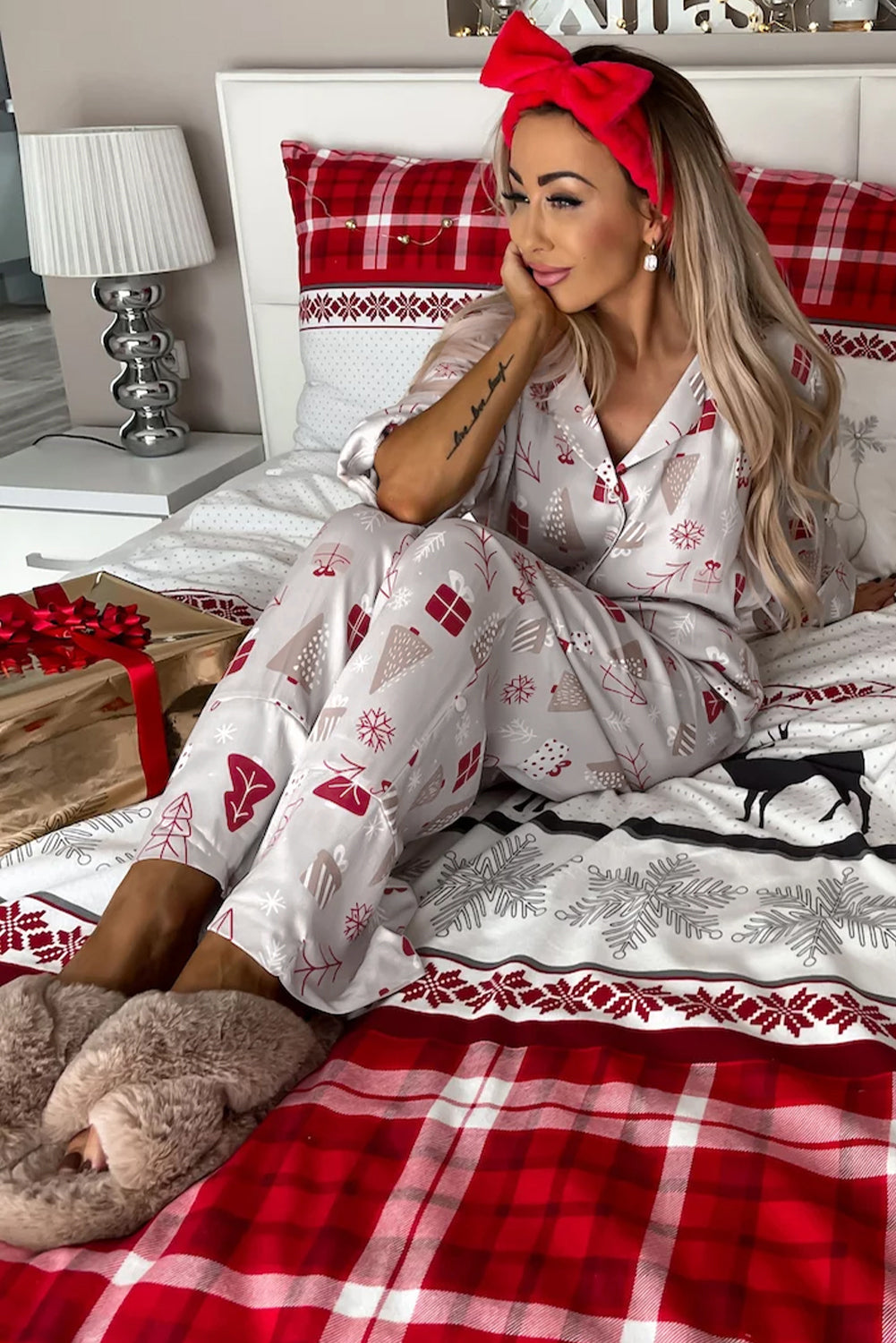 Light Grey Christmas Printed Shirt and Pants Pajama Set - Little Miss Vanilla