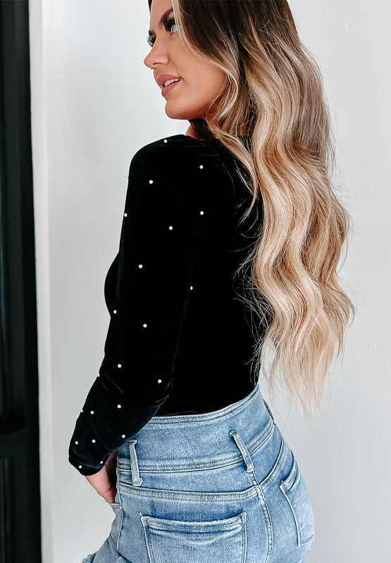 Pearl Detail Velvet V-Neck Long Sleeve Bodysuit - Little Miss Vanilla