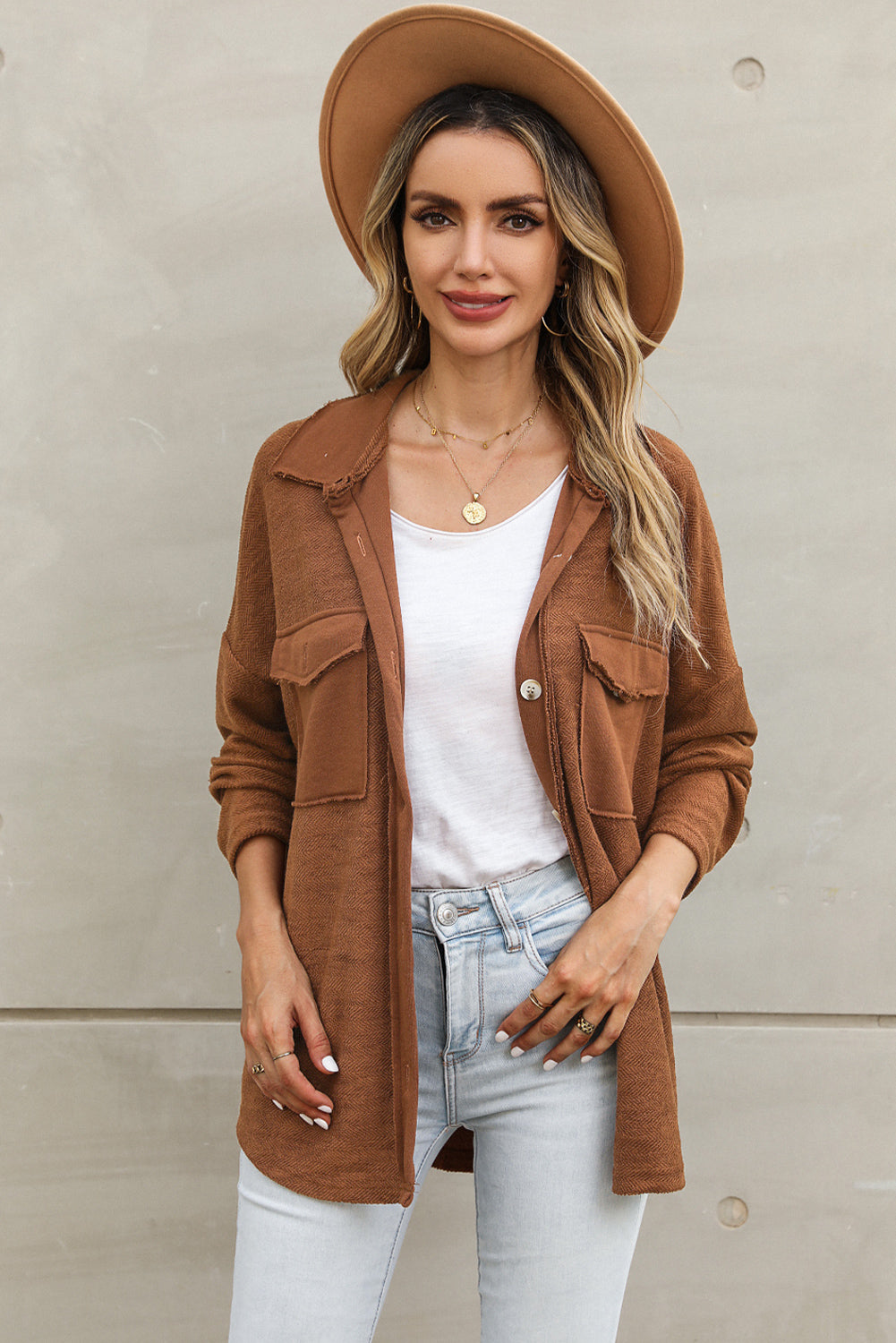 Brown Contrast Flap Pockets Relaxed Shacket - Little Miss Vanilla