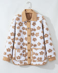 Light French Beige Cute Flower Pattern Button Up Fleece Jacket