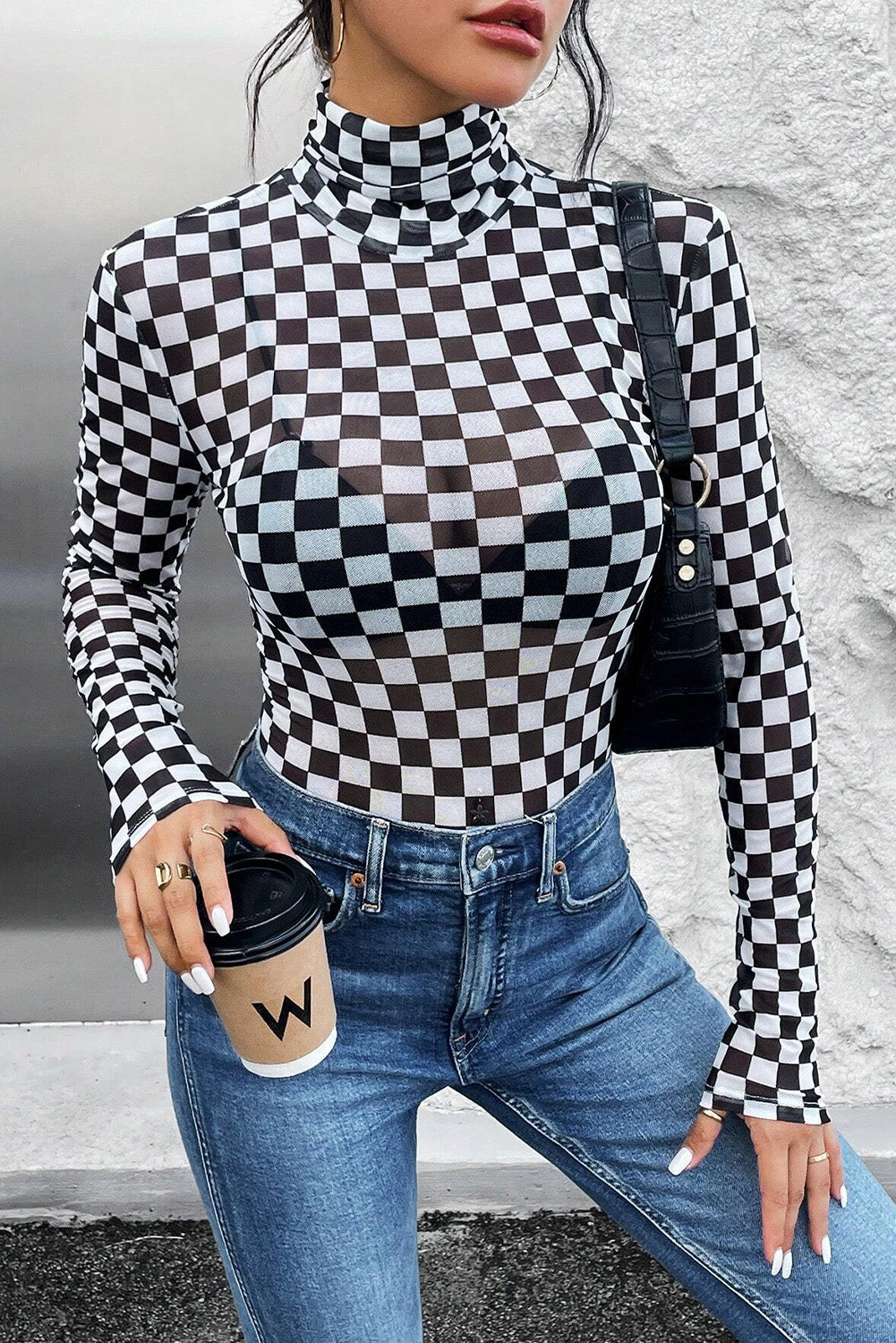 Black Checkered Printed Long Sleeve High Neck Bodysuit - Little Miss Vanilla