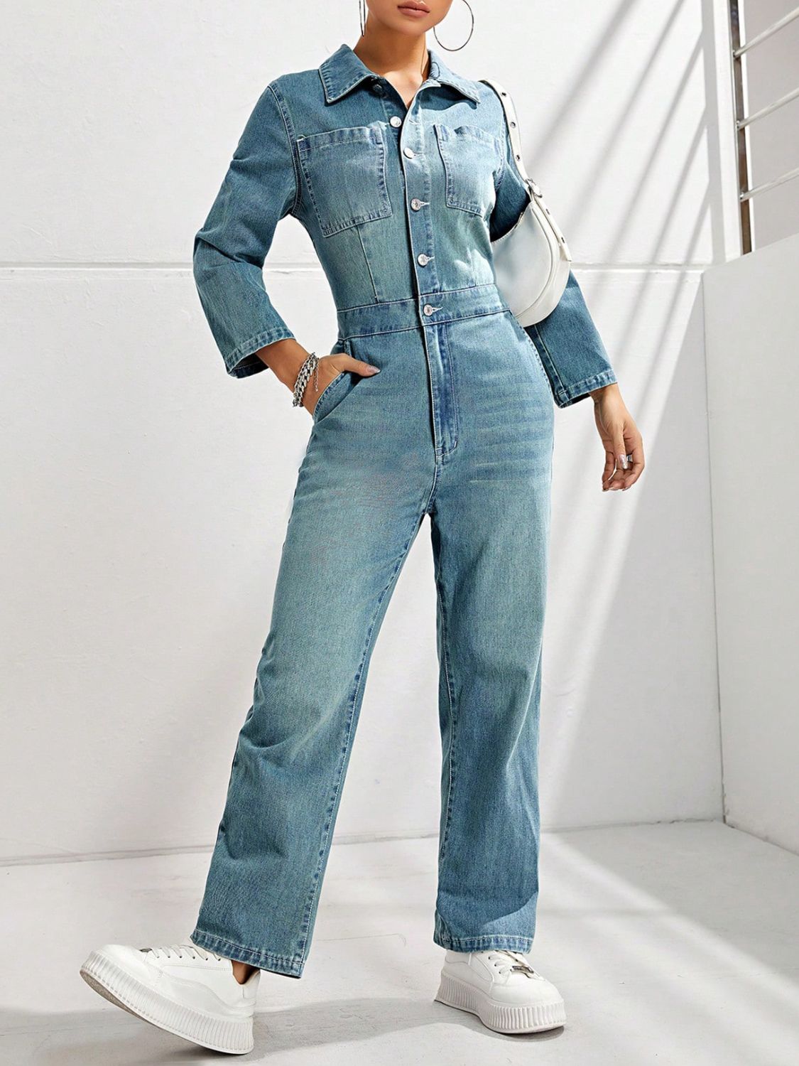 Half Button Long Sleeve Straight Leg Denim Jumpsuit - Little Miss Vanilla