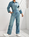 Half Button Long Sleeve Straight Leg Denim Jumpsuit - Little Miss Vanilla