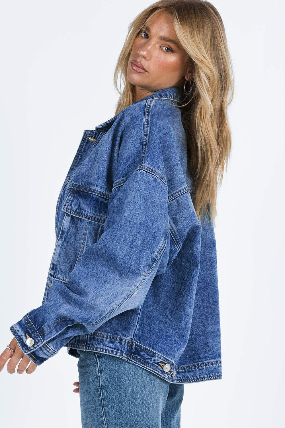 Blue Chest Pockets Drop Shoulder Loose Denim Jacket - Little Miss Vanilla