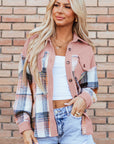 Light Pink Plaid Corduroy Patchwork Chest Pocket Shacket