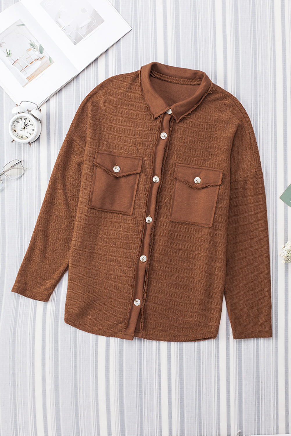 Brown Contrast Flap Pockets Relaxed Shacket - Little Miss Vanilla