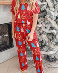 Red Christmas Tree Print V Neck Tee and Pants Lounge Set - Little Miss Vanilla