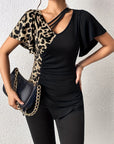 Ruched Leopard Flutter Sleeve T-Shirt - Little Miss Vanilla