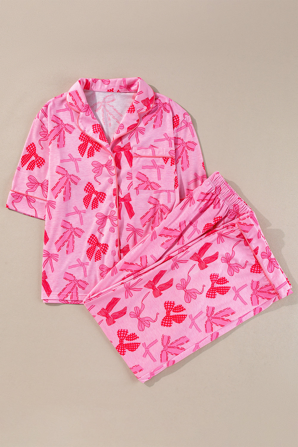 Pink Bow Knot Print Lapel Collar Short Sleeve and Pants Pajamas Set - Little Miss Vanilla