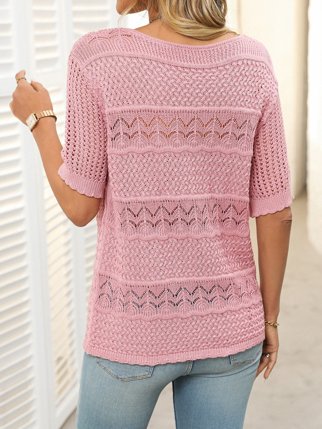 Mandy Openwork Round Neck Half Sleeve Knit Top - Little Miss Vanilla