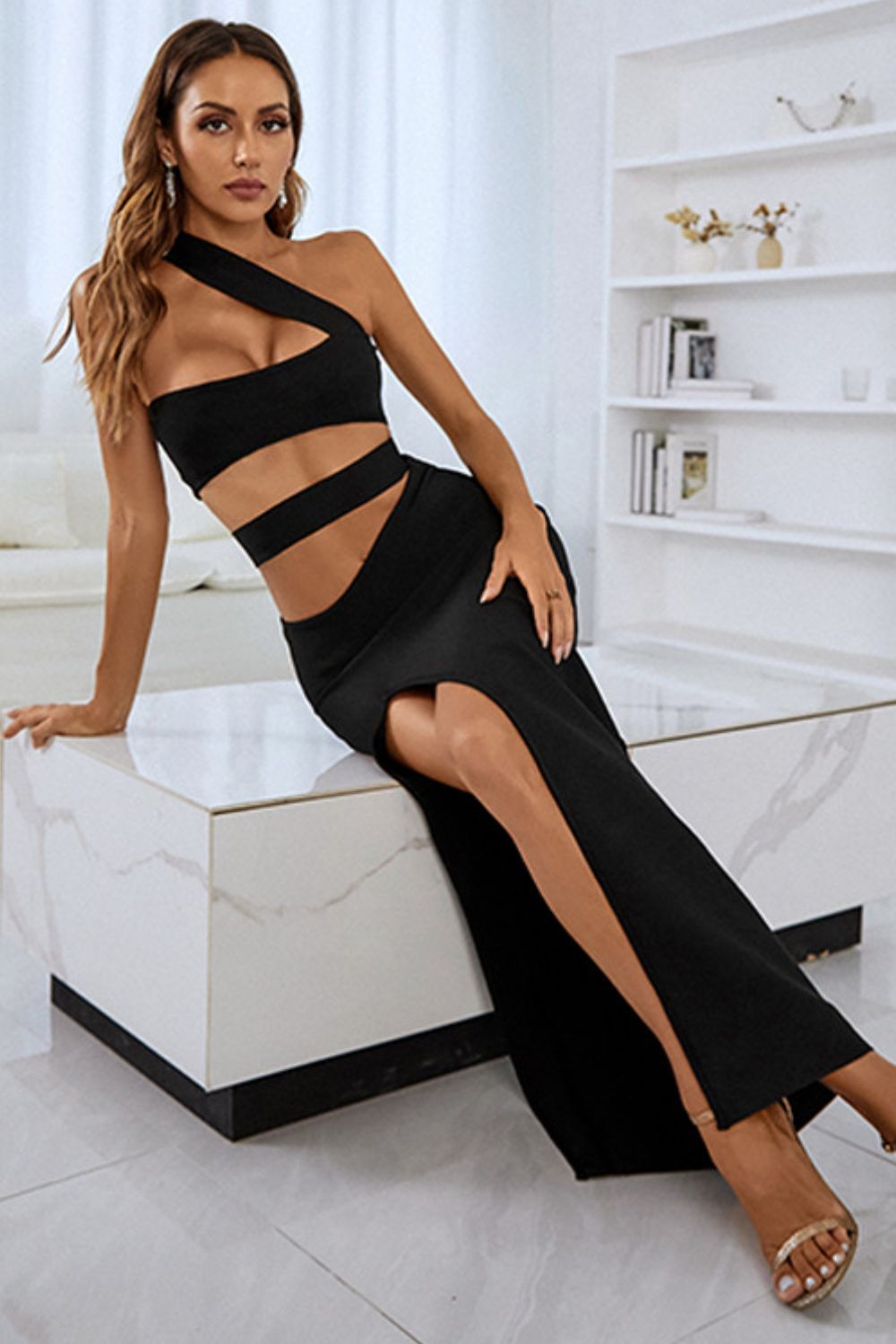 One-Shoulder Cutout Front Split Maxi Dress - Little Miss Vanilla