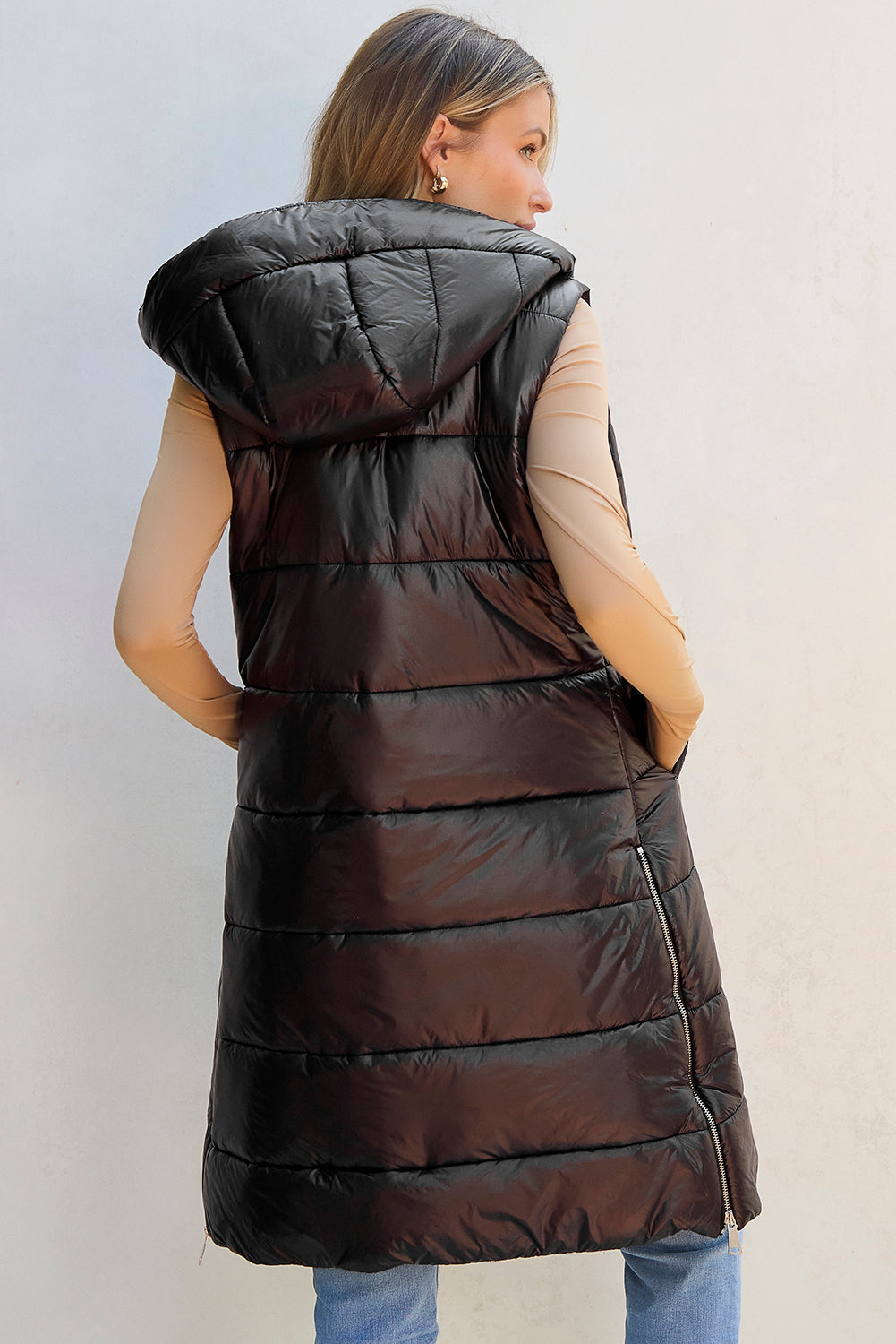 Black Hooded Long Quilted Vest Coat - Little Miss Vanilla