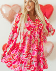 Red Floral Print High Waist V Neck Babydoll Mini Dress