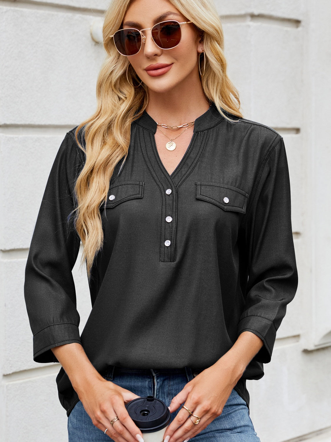 Notched Three-Quarter Sleeve Denim Top - Little Miss Vanilla