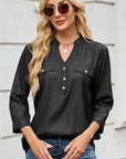 Notched Three-Quarter Sleeve Denim Top - Little Miss Vanilla