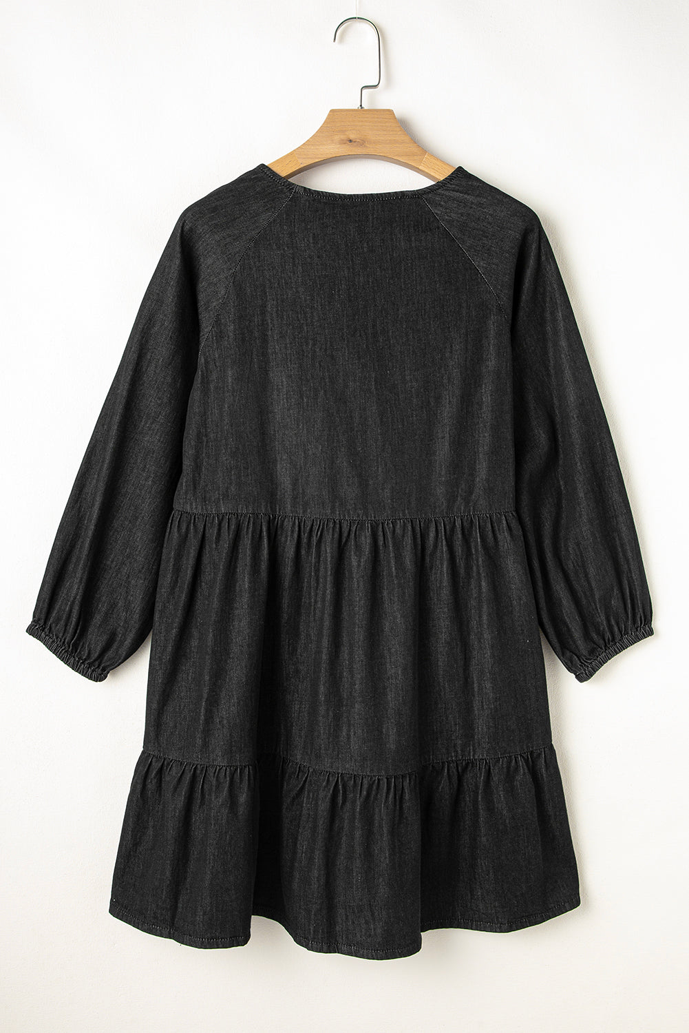 Black Puff Sleeve V Neck Tiered Ruffled Chambray Mini Dress - Little Miss Vanilla