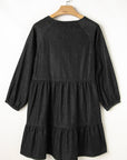 Black Puff Sleeve V Neck Tiered Ruffled Chambray Mini Dress - Little Miss Vanilla