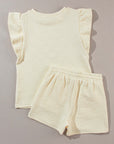 Apricot Textured Ruffled Sleeve Tee and Drawstring Shorts Set