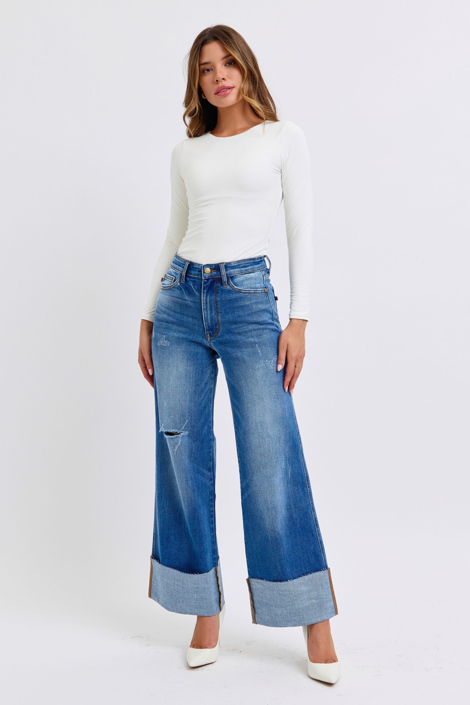 Judy Blue Full Size Distressed High Waist Wide Leg Jeans - Little Miss Vanilla