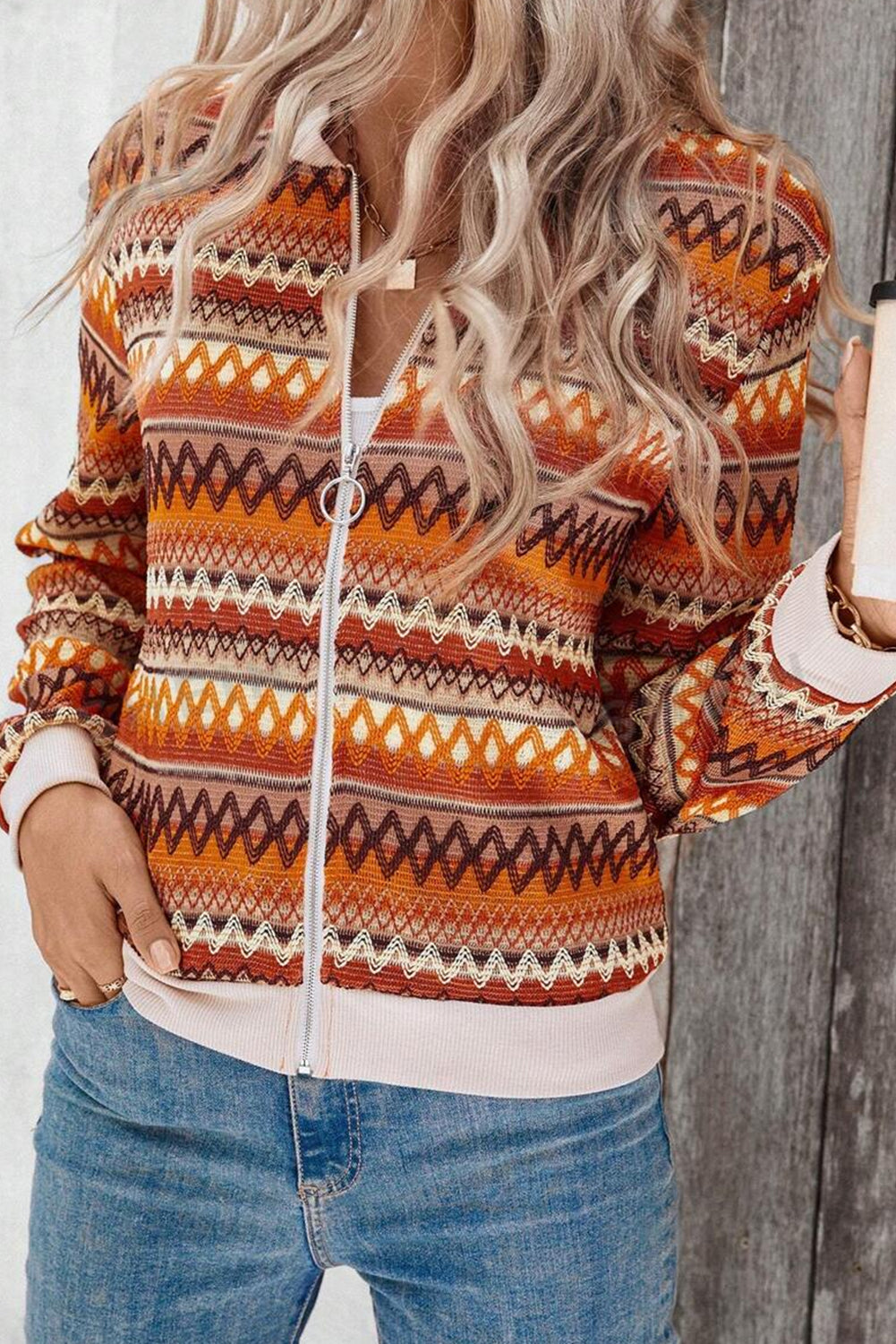 Orange Boho Striped Zip Up Long Sleeve Jacket - Little Miss Vanilla