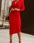 Fiery Red Long Sleeves Wrap V Neck Ruched Sheath Bodycon Dress - Little Miss Vanilla