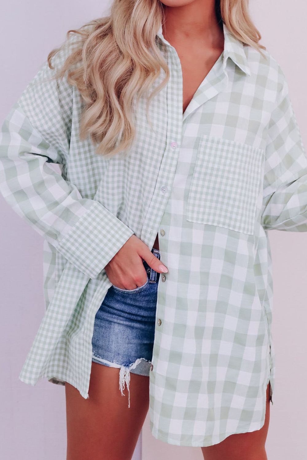 Pocketed Plaid Collared Neck Long Sleeve Shirt - Little Miss Vanilla