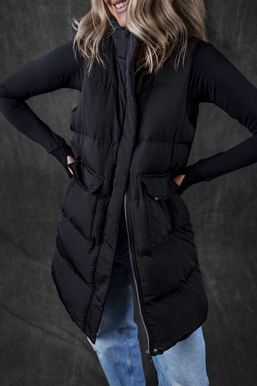 Black Windproof Longline Full Zipper Puffer Vest with Pockets - Little Miss Vanilla