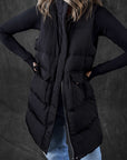 Black Windproof Longline Full Zipper Puffer Vest with Pockets - Little Miss Vanilla