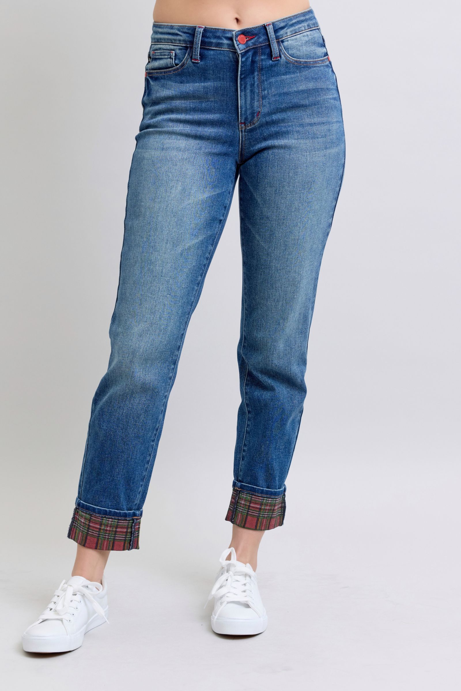 Judy Blue Full Size Plaid Print Cuff Straight Leg Jeans with Pockets - Little Miss Vanilla