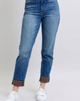 Judy Blue Full Size Plaid Print Cuff Straight Leg Jeans with Pockets - Little Miss Vanilla