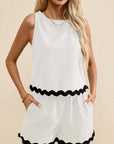 White Ricrac Trim Tank Top Elastic Waist Shorts Set