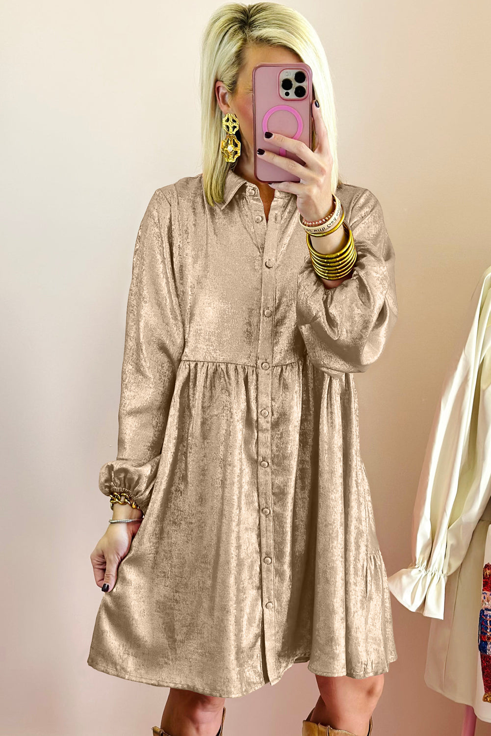 Apricot Metallic Sheen Puff Sleeve Button Up Mini Shirt Dress - Little Miss Vanilla