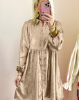 Apricot Metallic Sheen Puff Sleeve Button Up Mini Shirt Dress - Little Miss Vanilla