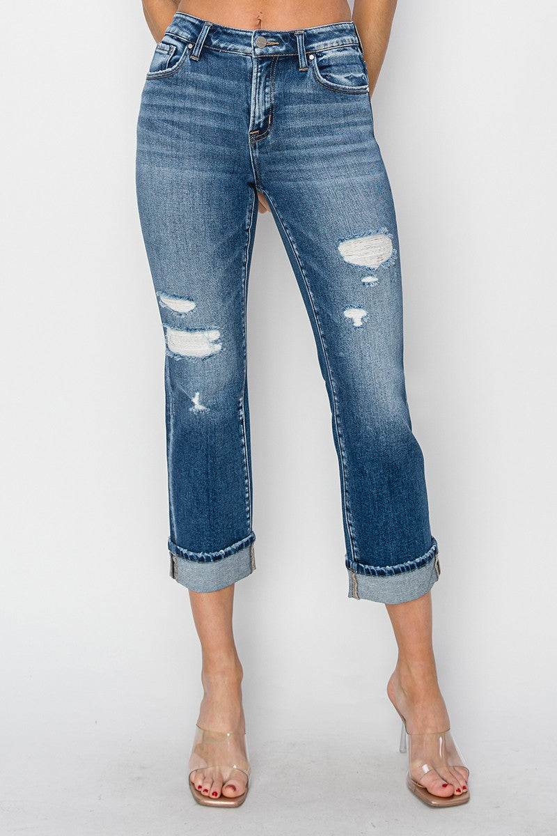 RISEN Full Size Cuffed Ankle Distressed Straight Jeans - Little Miss Vanilla