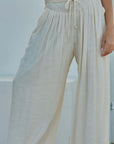 White Casual Tie Waist Pleated Wide Leg Pants