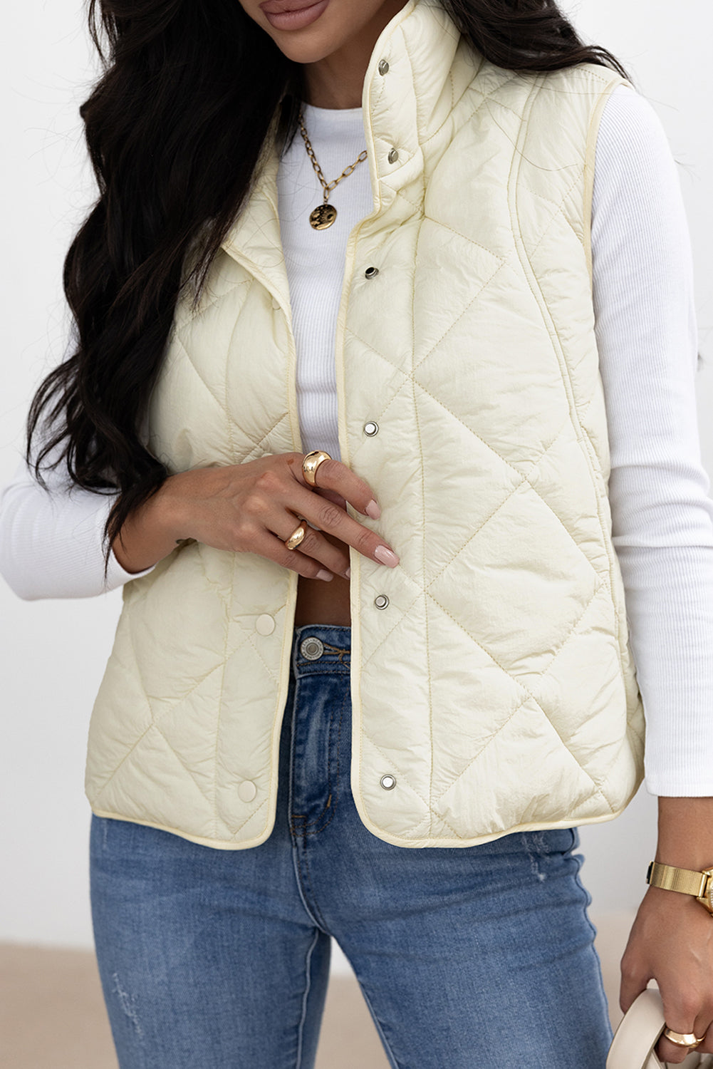 Beige Quilted High Neck Button Up Pocket Vest Coat - Little Miss Vanilla