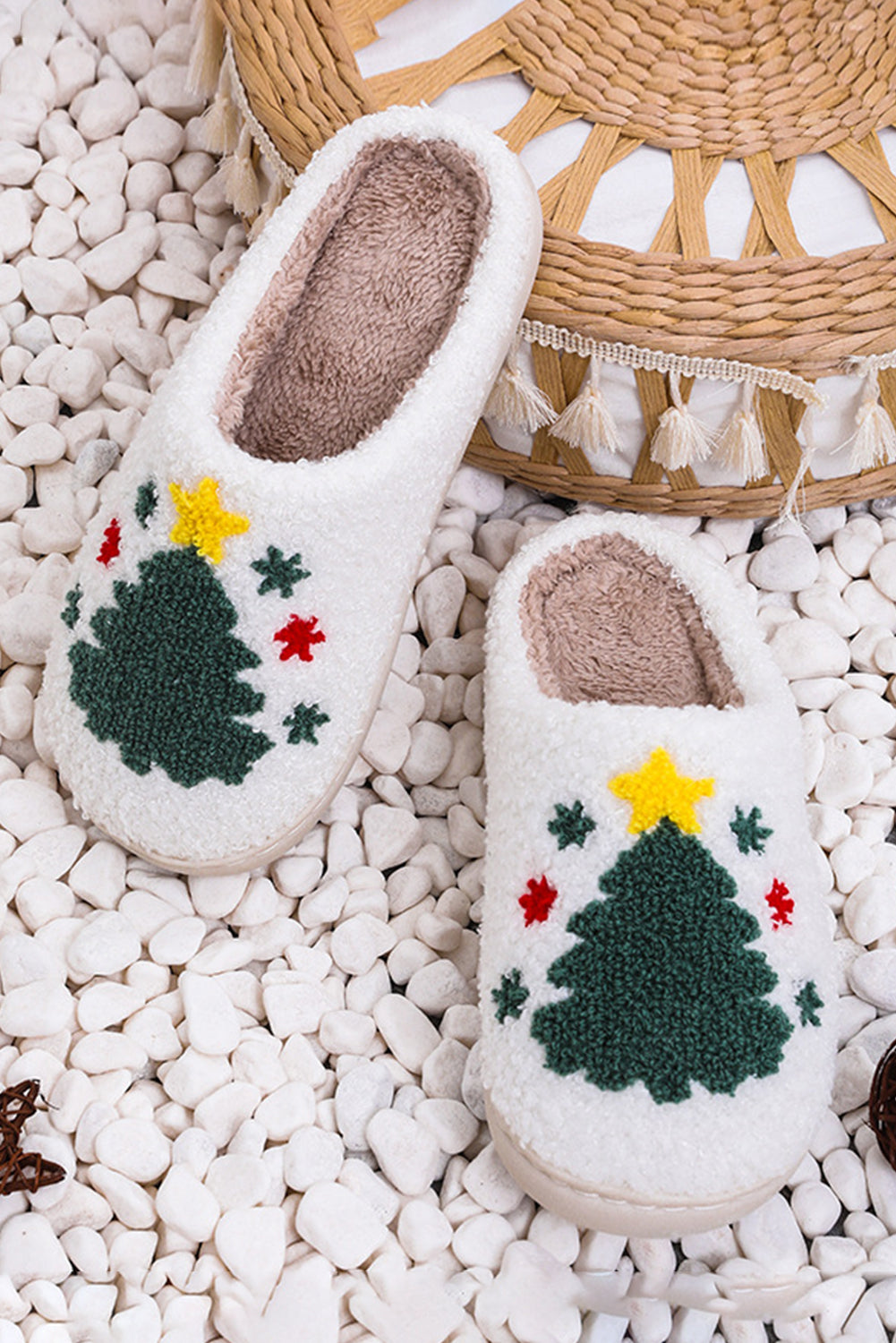 White Fuzzy Christmas Tree Pattern Home Slippers - Little Miss Vanilla