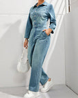 Half Button Long Sleeve Straight Leg Denim Jumpsuit - Little Miss Vanilla