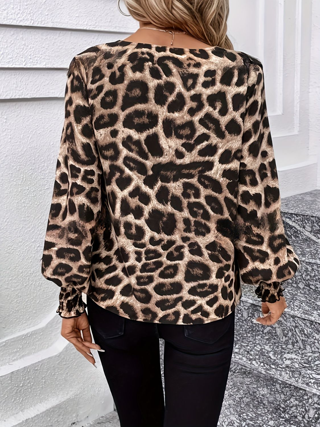 Leopard V-Neck Lantern Sleeve Blouse - Little Miss Vanilla