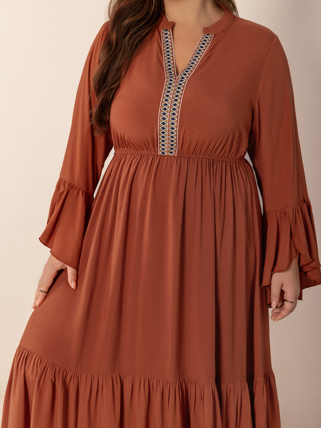 Plus Size Ruffled Notched Long Sleeve Midi Dress - Little Miss Vanilla