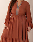 Plus Size Ruffled Notched Long Sleeve Midi Dress - Little Miss Vanilla