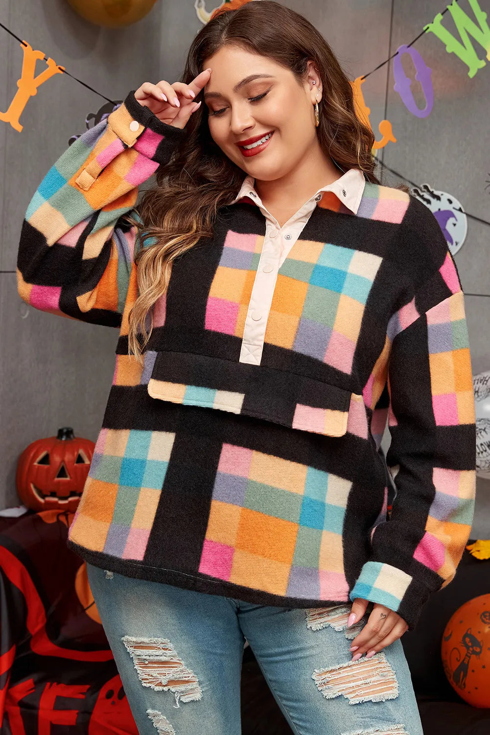 Plus Size Color Block Half Snap Long Sleeve Sweatshirt - Little Miss Vanilla