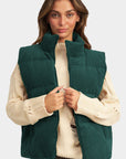 Jungle Green Corduroy Stand Neck Zipped Puffer Vest