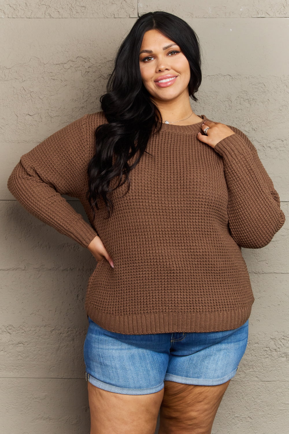 Zenana Breezy Days Plus Size High Low Waffle Knit Sweater - Little Miss Vanilla