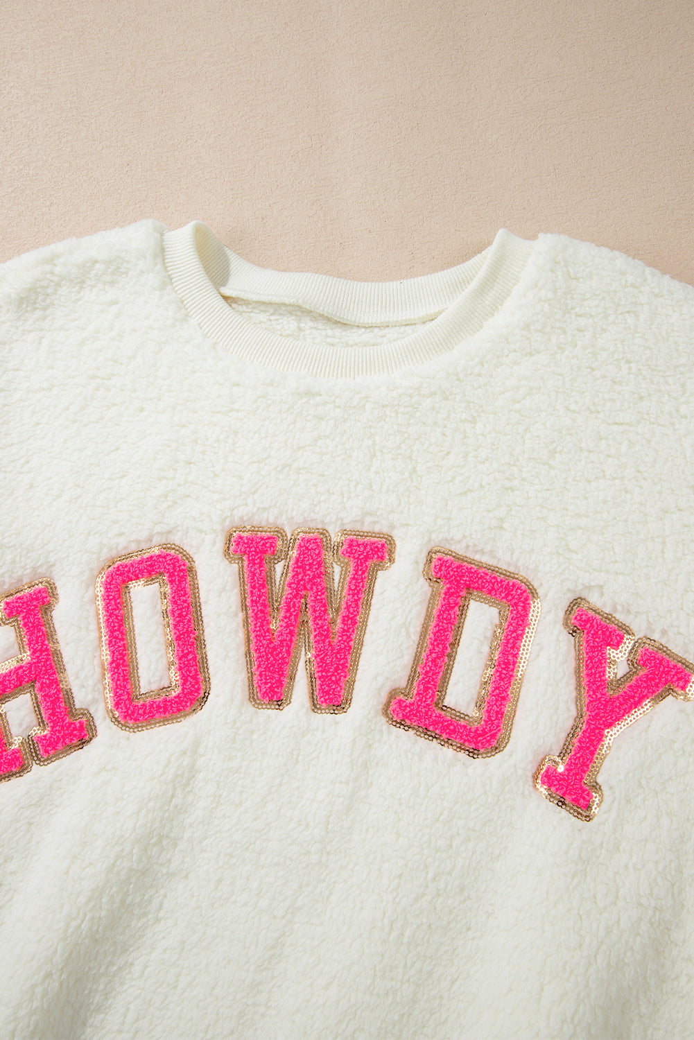 HOWDY Patched Round Neck Sherpa Sweatshirt - Little Miss Vanilla