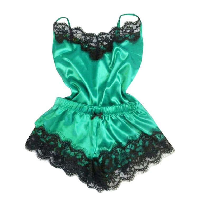 Women&#39;s green satin pajama set with black lace trim, stylish and comfortable sleepwear for relaxing nights.