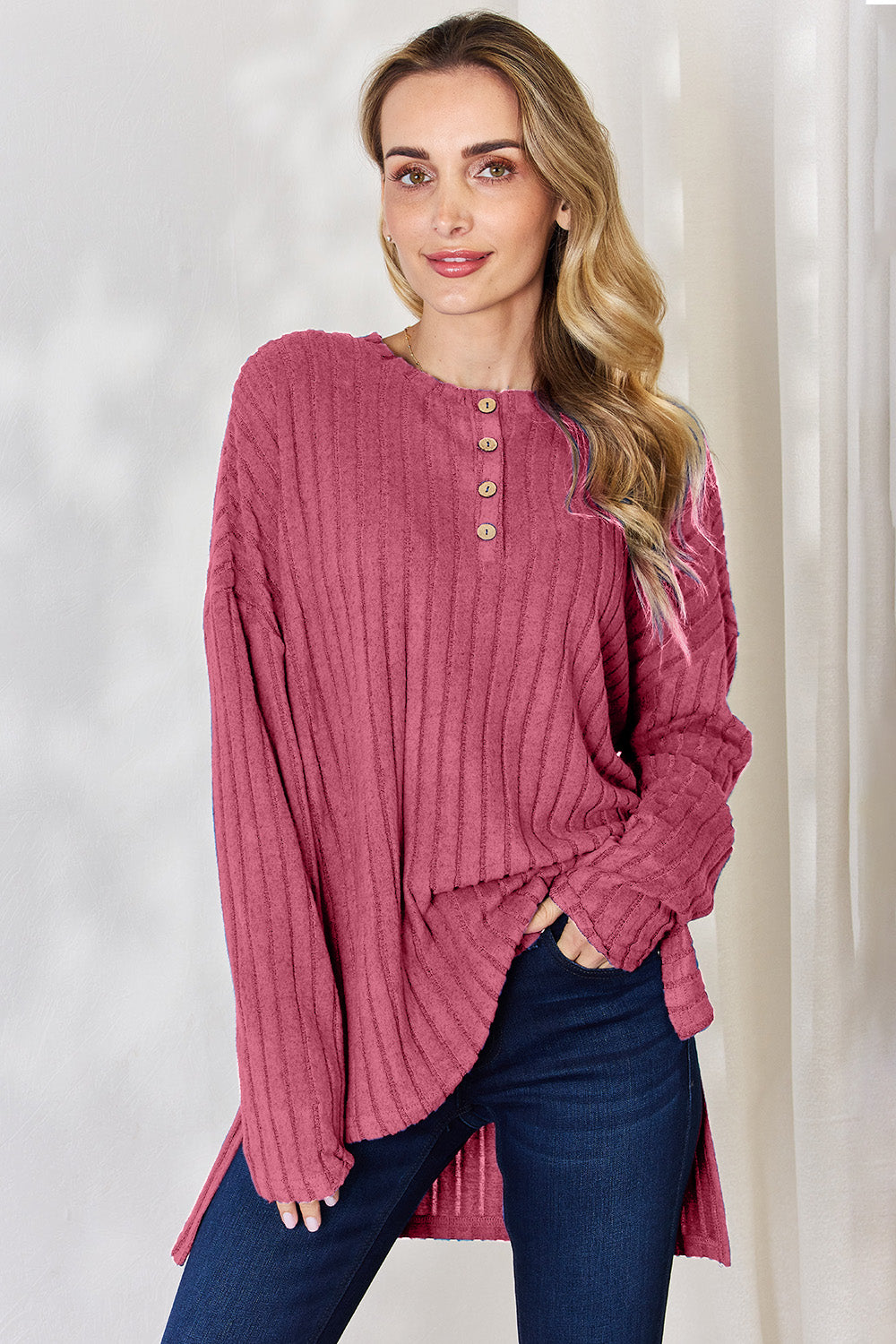 Basic Bae Full Size Ribbed Half Button Long Sleeve High-Low T-Shirt - Little Miss Vanilla