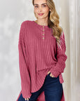 Basic Bae Full Size Ribbed Half Button Long Sleeve High-Low T-Shirt - Little Miss Vanilla