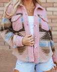 Pink Western Aztec Print Sherpa Splicing Buttoned Flap Pocket Coat - Little Miss Vanilla